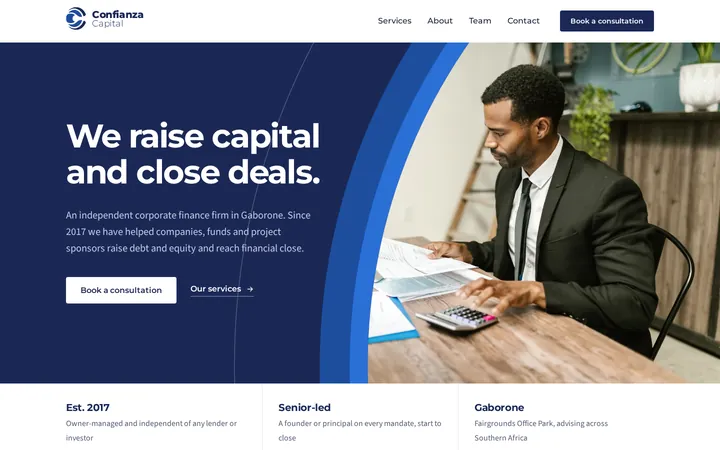 Confianza Capital homepage: securing capital, creating value across Africa