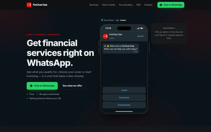 FinChat Hub homepage: get financial services right on WhatsApp