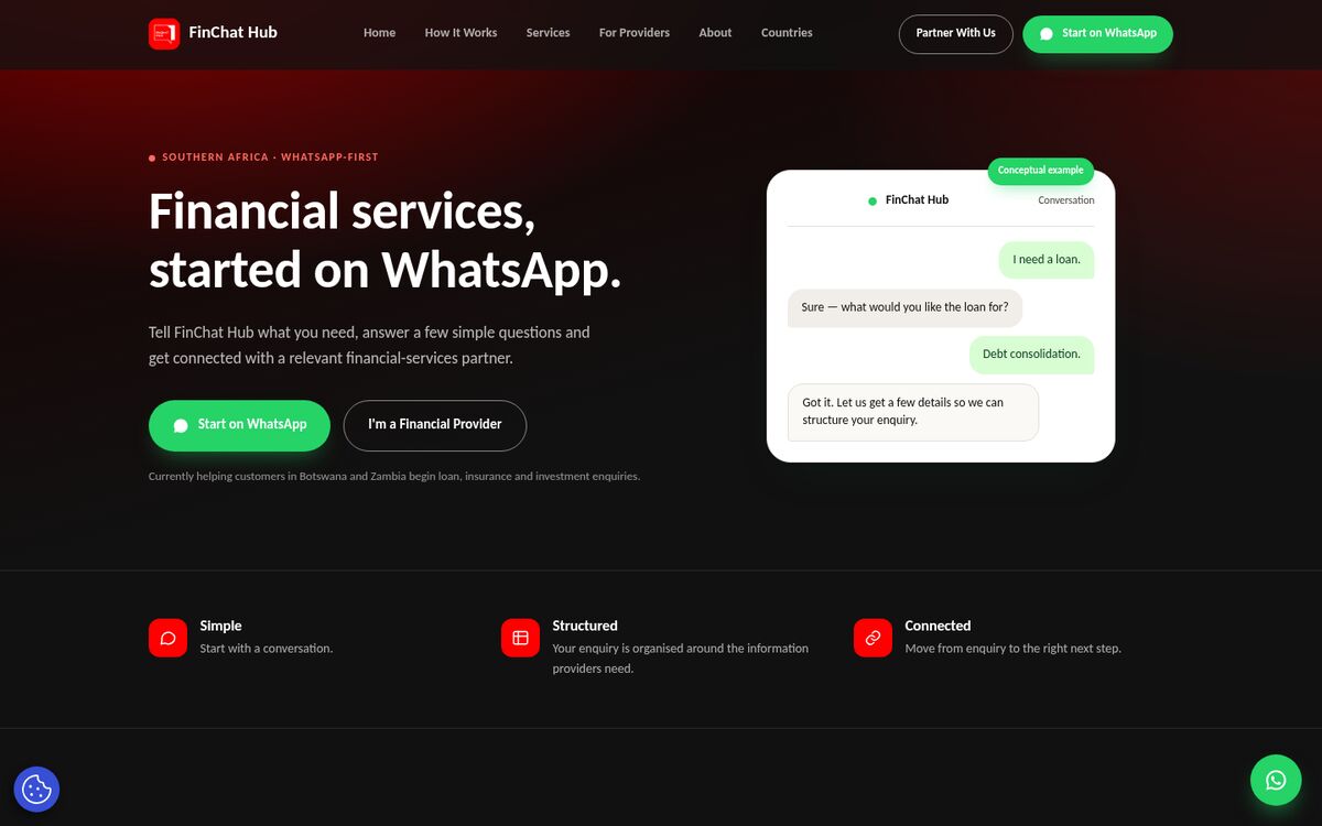 The FinChat Hub WhatsApp financial services homepage